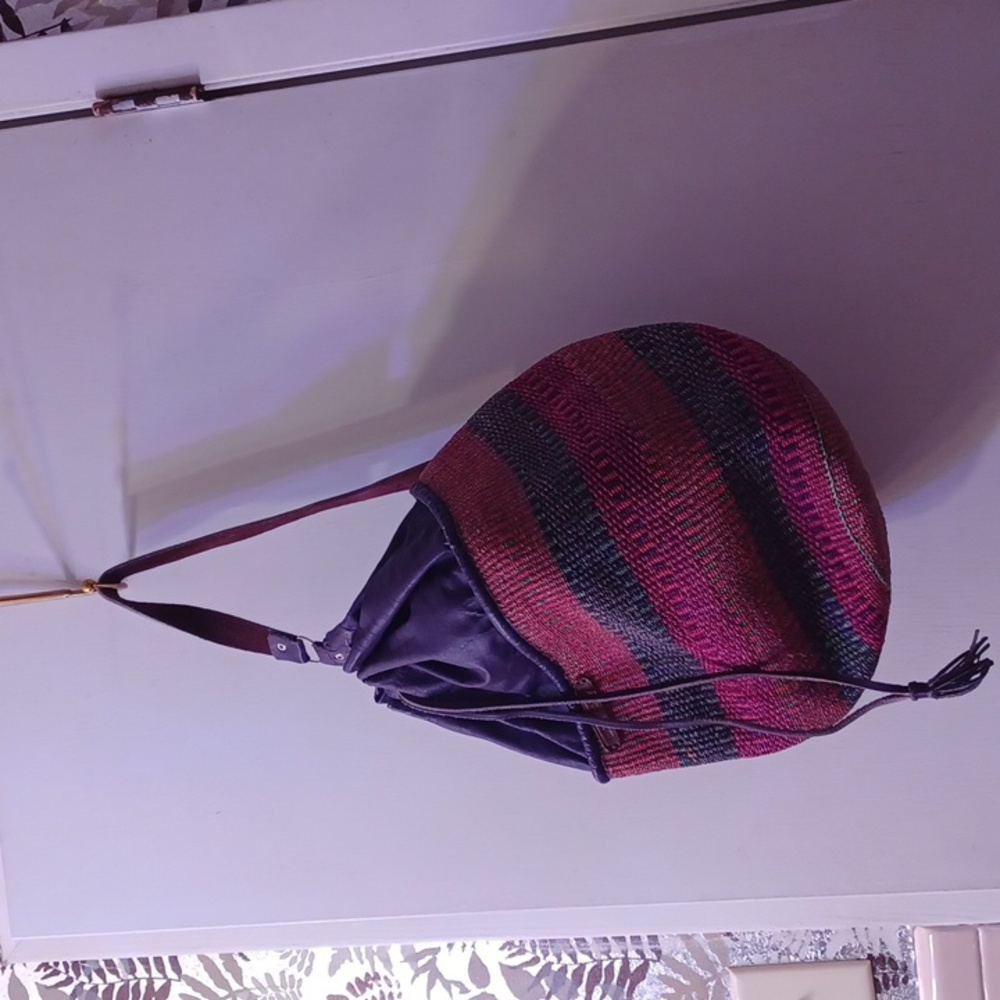 Colorful "Why Not" Purple Leather & Multi-color Woven Hemp Drawstring Bucket Bag